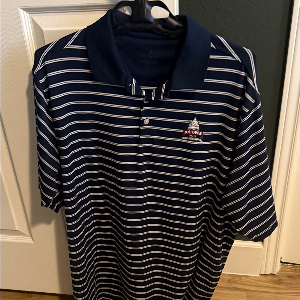 Walter Hagen Navy and White Striped Short Sleeve Polo